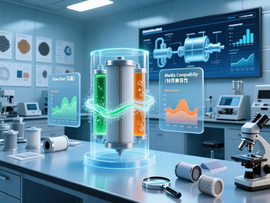 3D display of industrial filter performance metrics including flow rate and media compatibility.