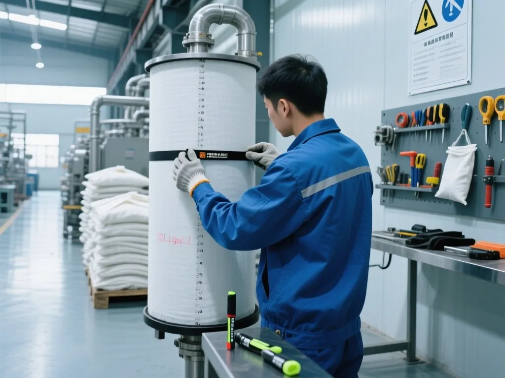A technician checks the dimensions of a large filter bag in a factory.