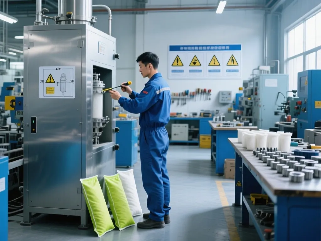 Technician inspecting a filter machine, ensuring operational efficiency after discontinuation.