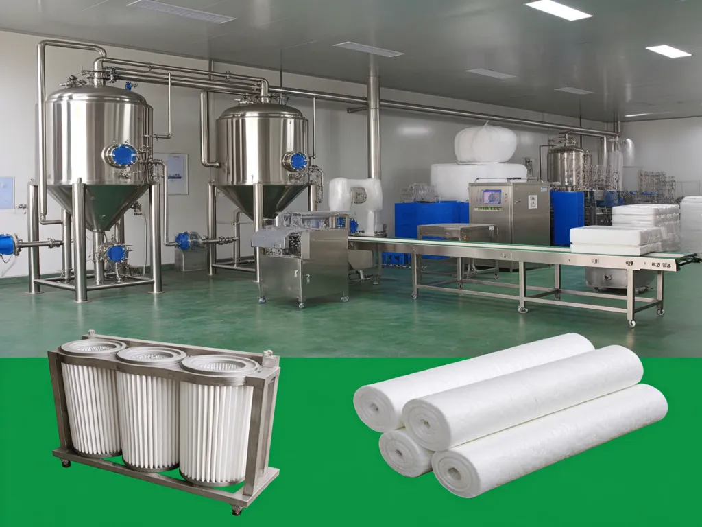 Filtration bag manufacturing unit with large stainless steel tanks and rolled filtration fabrics.
