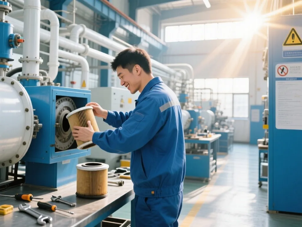 A worker replacing an obsolete filter cartridge in an industrial setting.