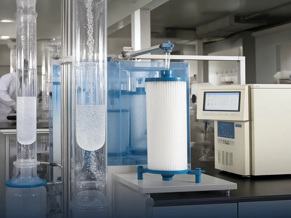 Filtration bags for water in a testing machine with bubbling liquid in a lab.