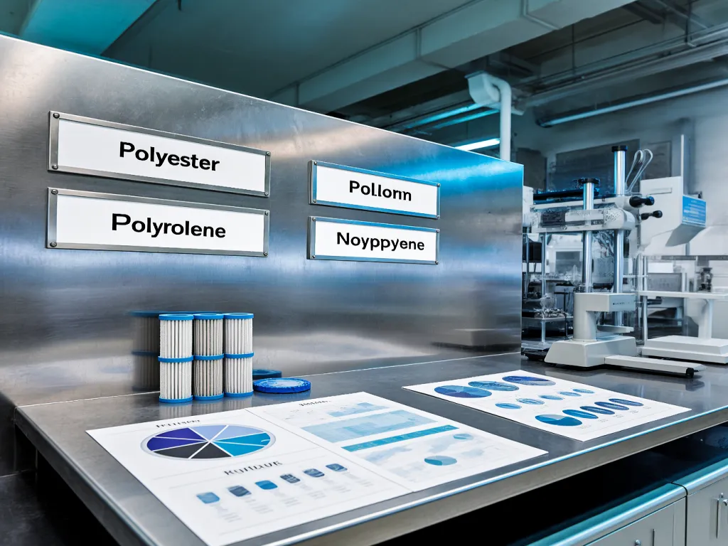 Filter material testing lab with various filter sacks and data charts