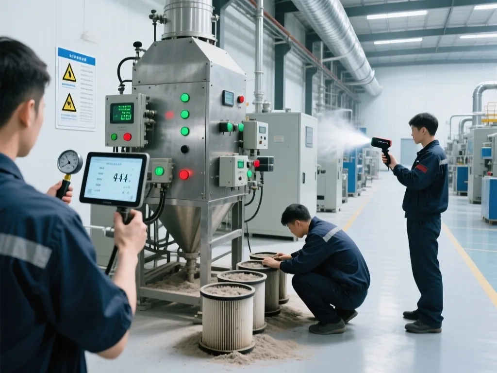 Team conducting performance test on industrial dust collector equipment.