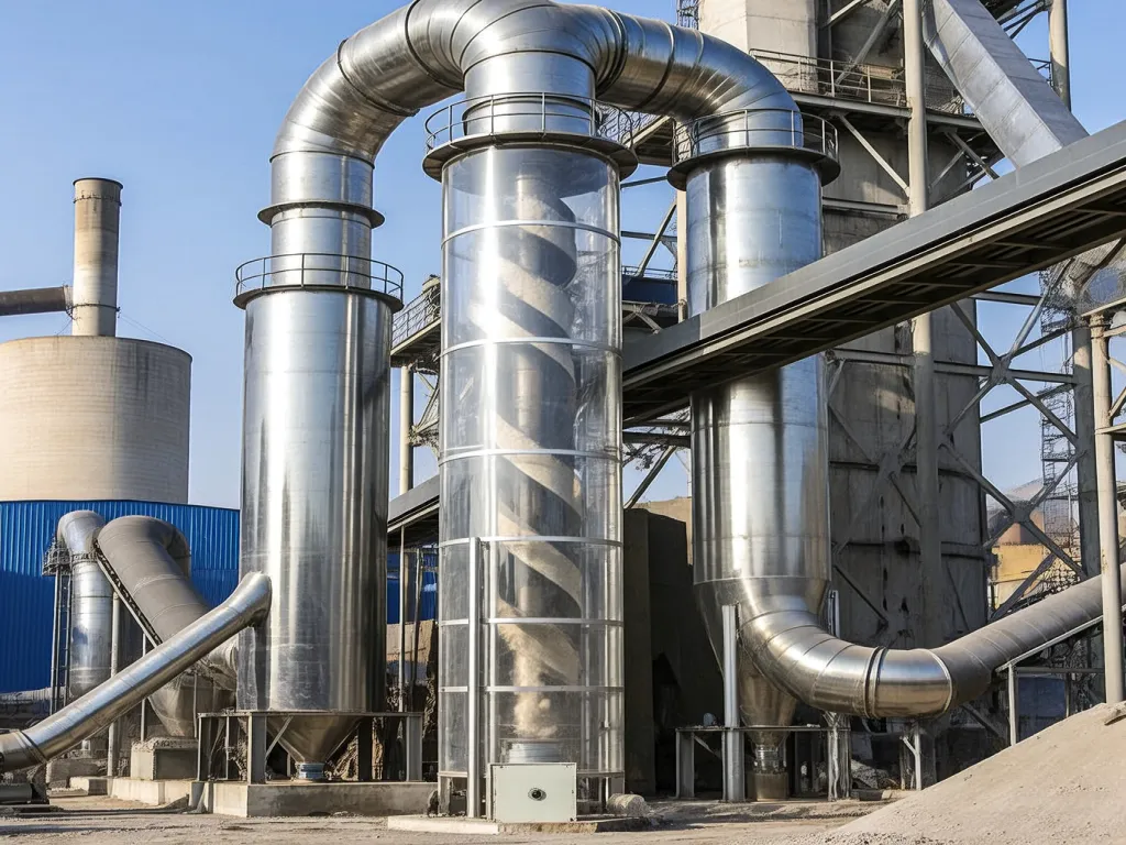 Dust emission control system with ductwork in an industrial plant.