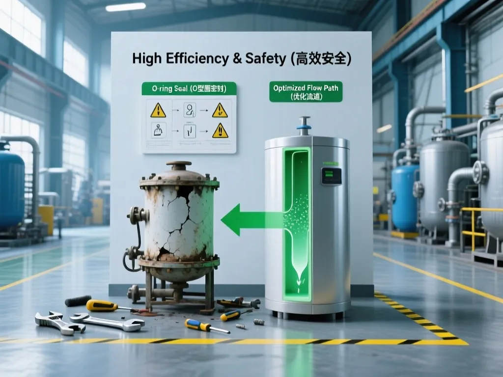 Illustration of high efficiency and safety in liquid filter housing with O-ring seal and optimized flow path.