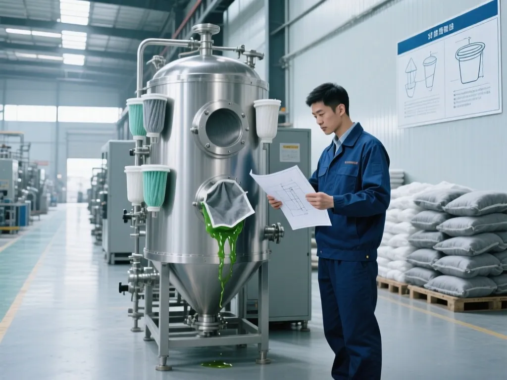 A worker inspecting an industrial filter bag system in a factory.