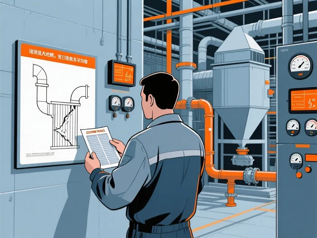 Technician analyzing a dust collection system diagram on wall.