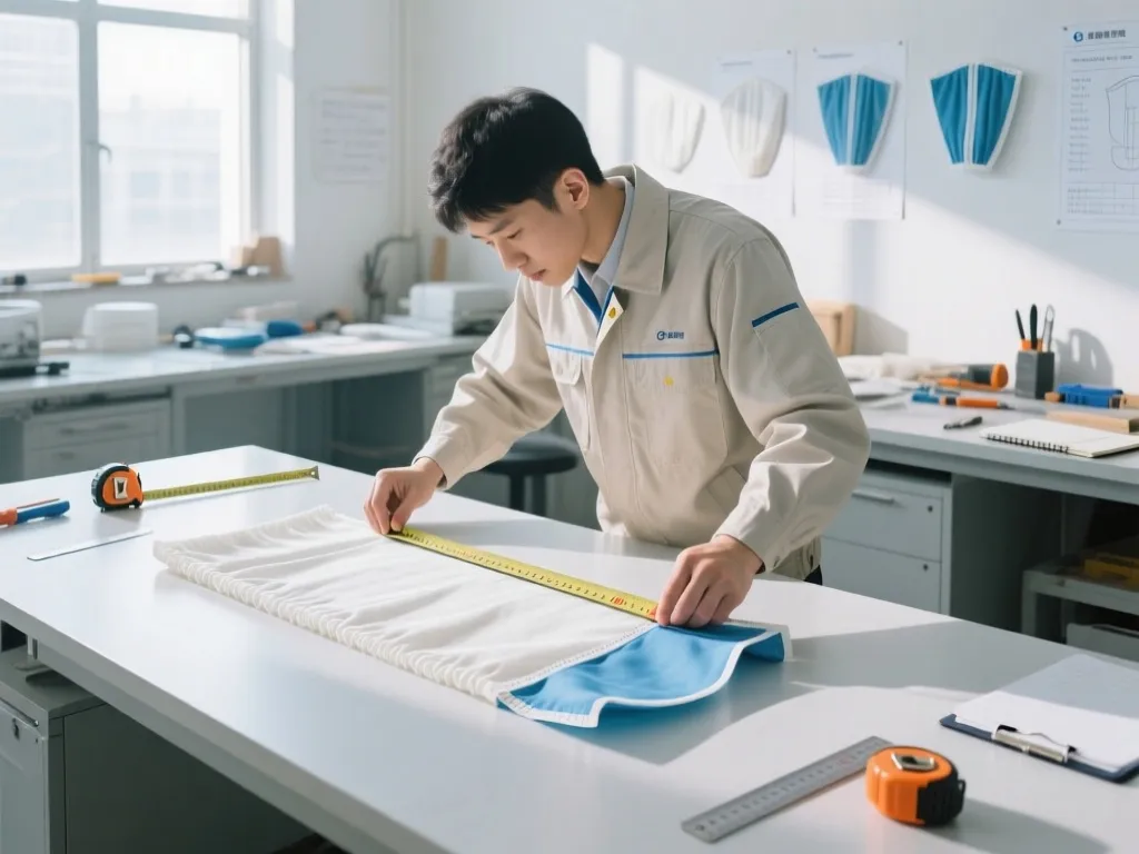 A professional measures the length of a filter bag on a table with a measuring tape.