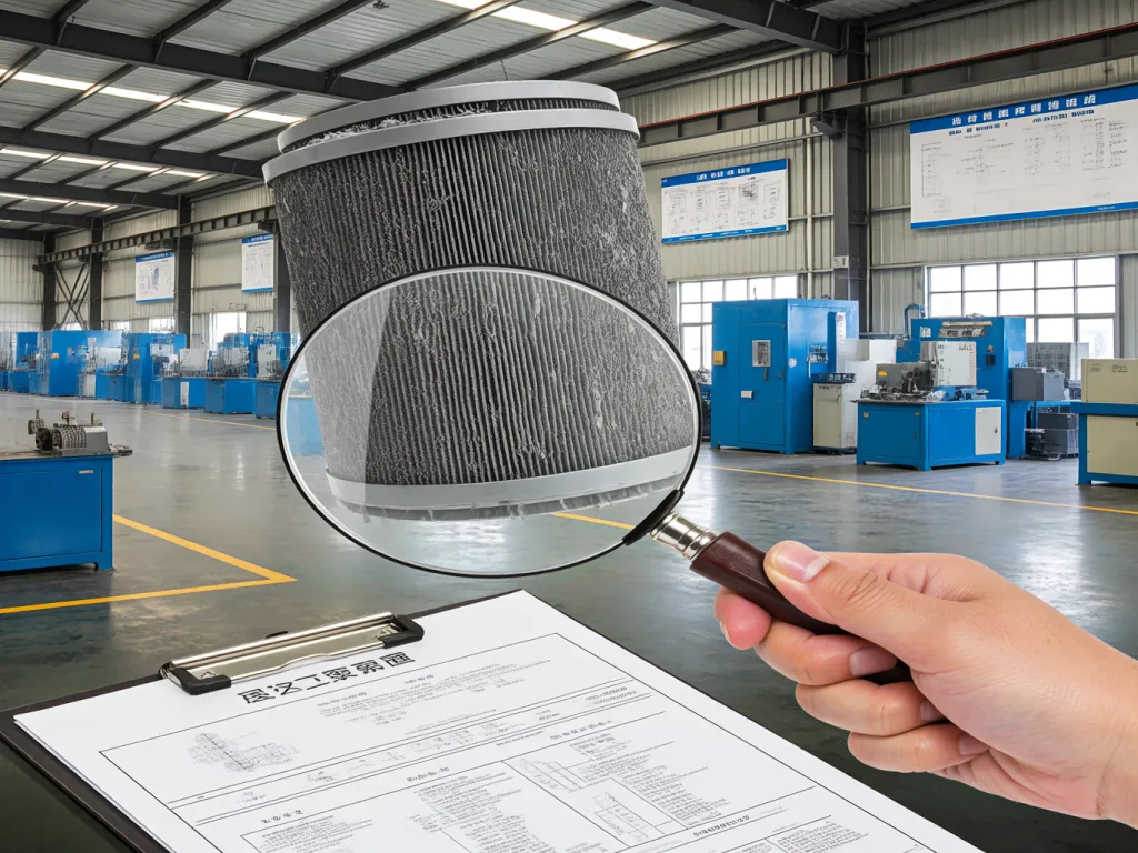 Magnifying glass analyzing a dust collector filter over technical documents.