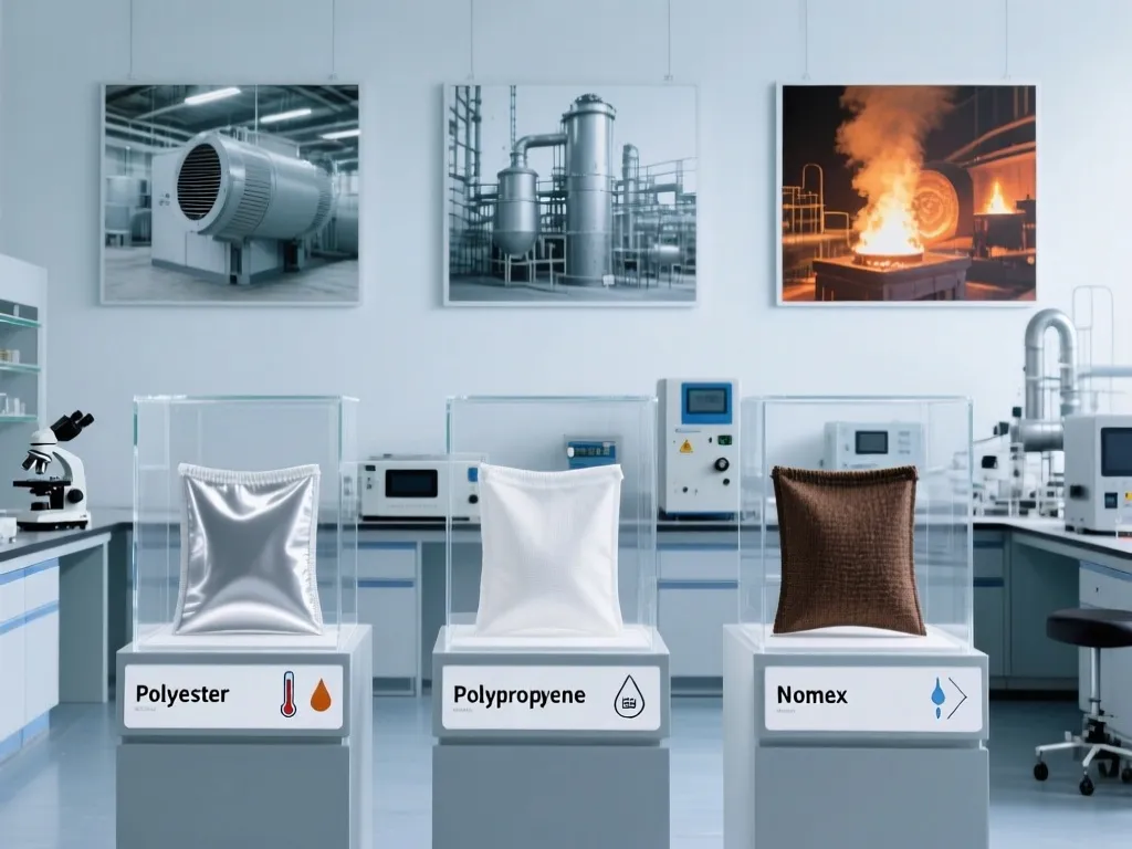 Polyester, Polypropylene, and Nomex dust collector bags in a laboratory.