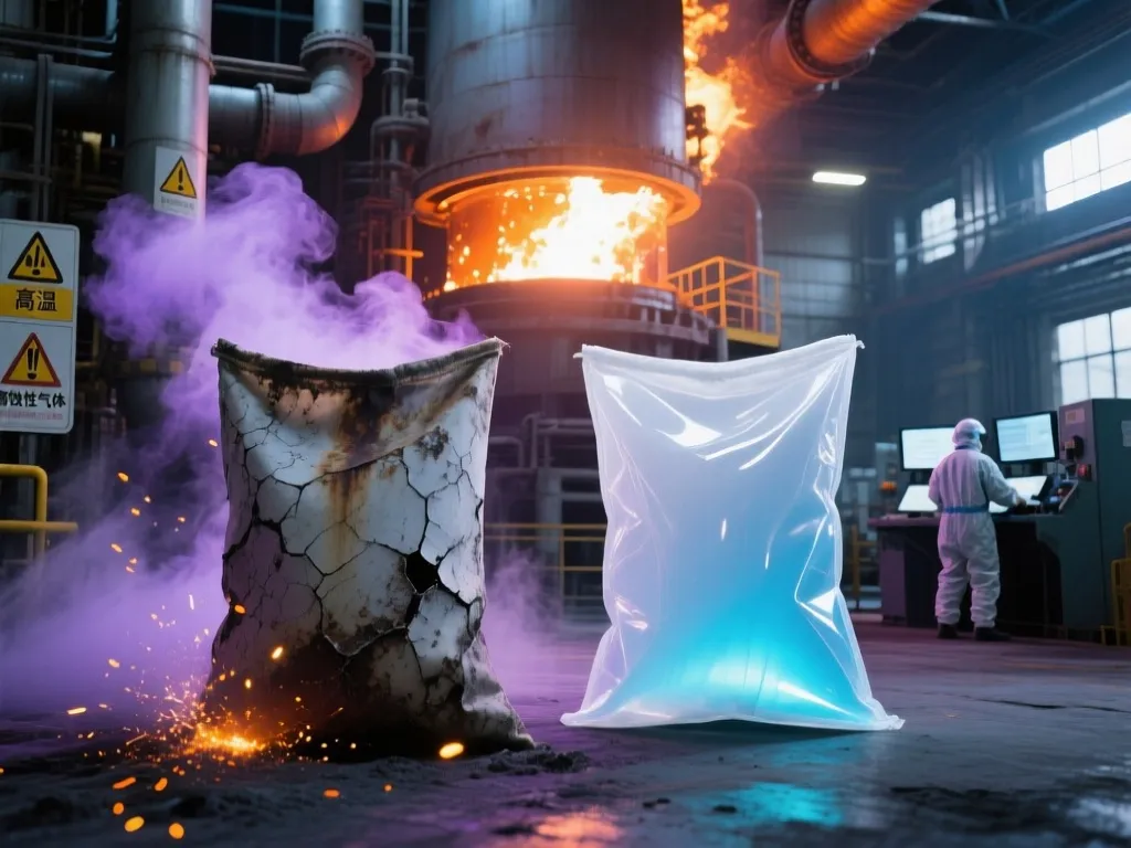 Comparison of a heat-damaged filter bag and a heat-resistant filter bag in an industrial setting.