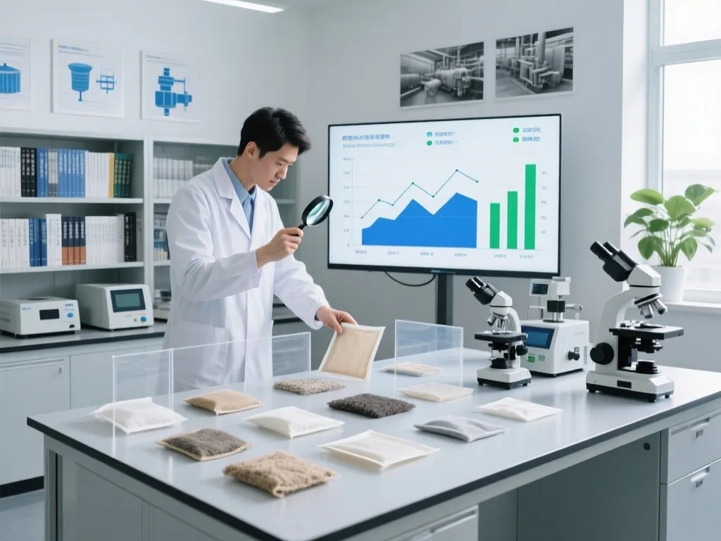 A researcher examining filter bags with a magnifying glass in a lab.