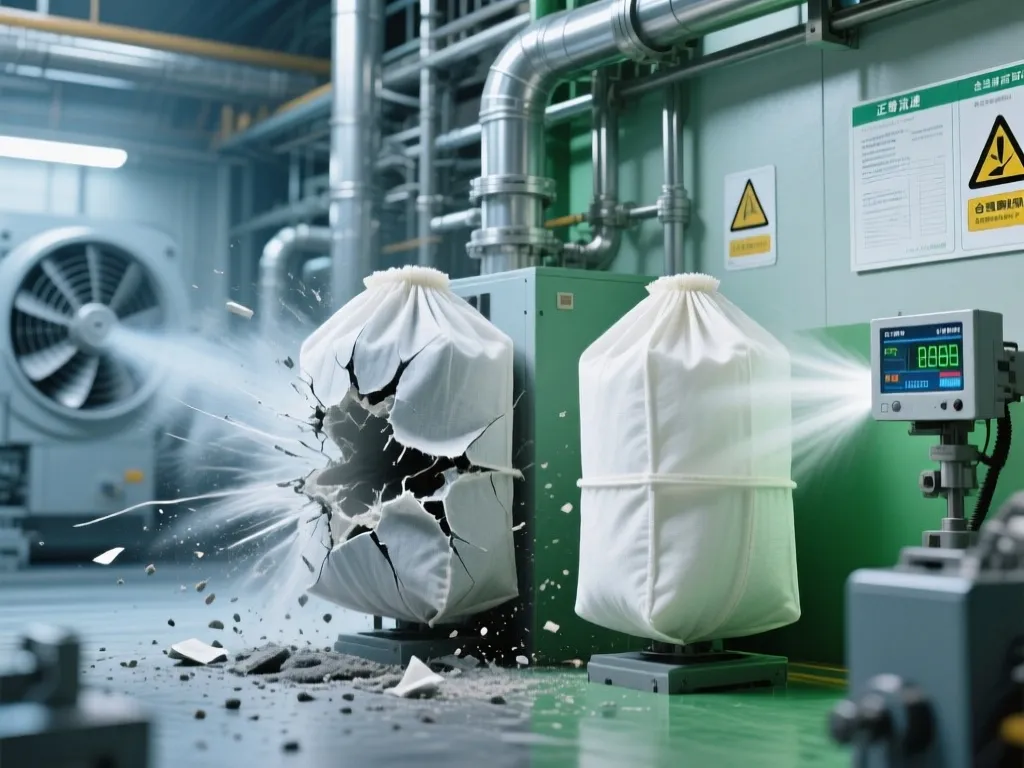 A filter bag bursting during a pressure test in an industrial setting.