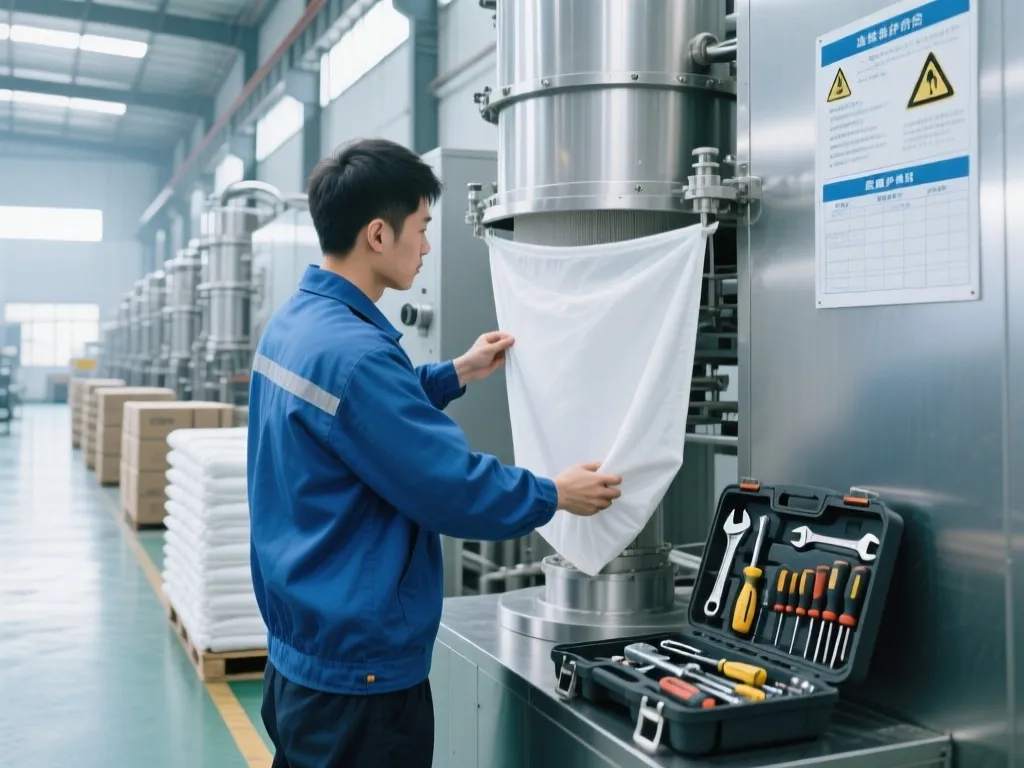 Operator fitting white filter bag into industrial machine