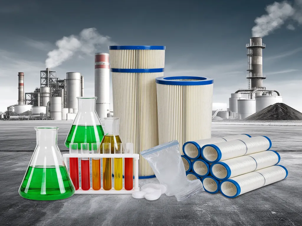 Industrial filter bags with factory background, relevant to HS code search