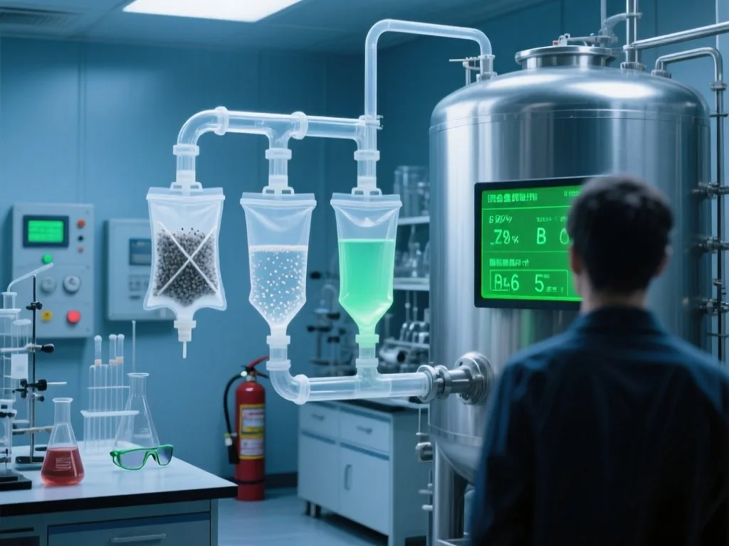 Technicians installing liquid filtration bags in a filtration system setup.