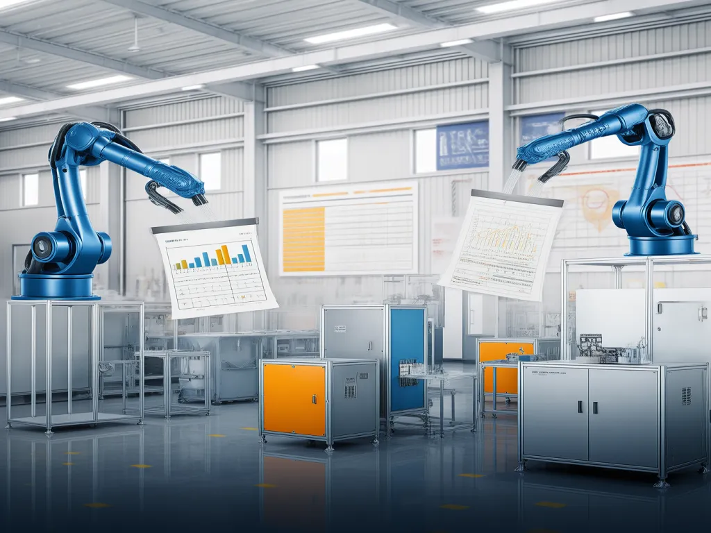 Industrial robots handling reports in a modern factory setting.