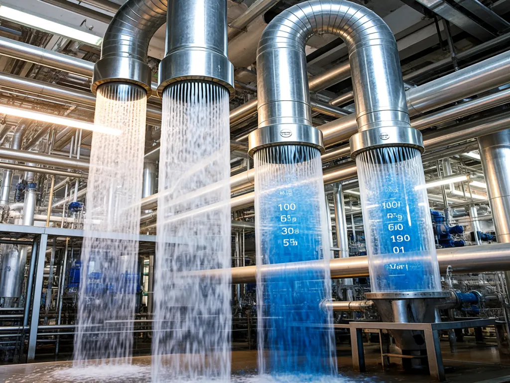 Water flowing through filtration bags in industrial treatment