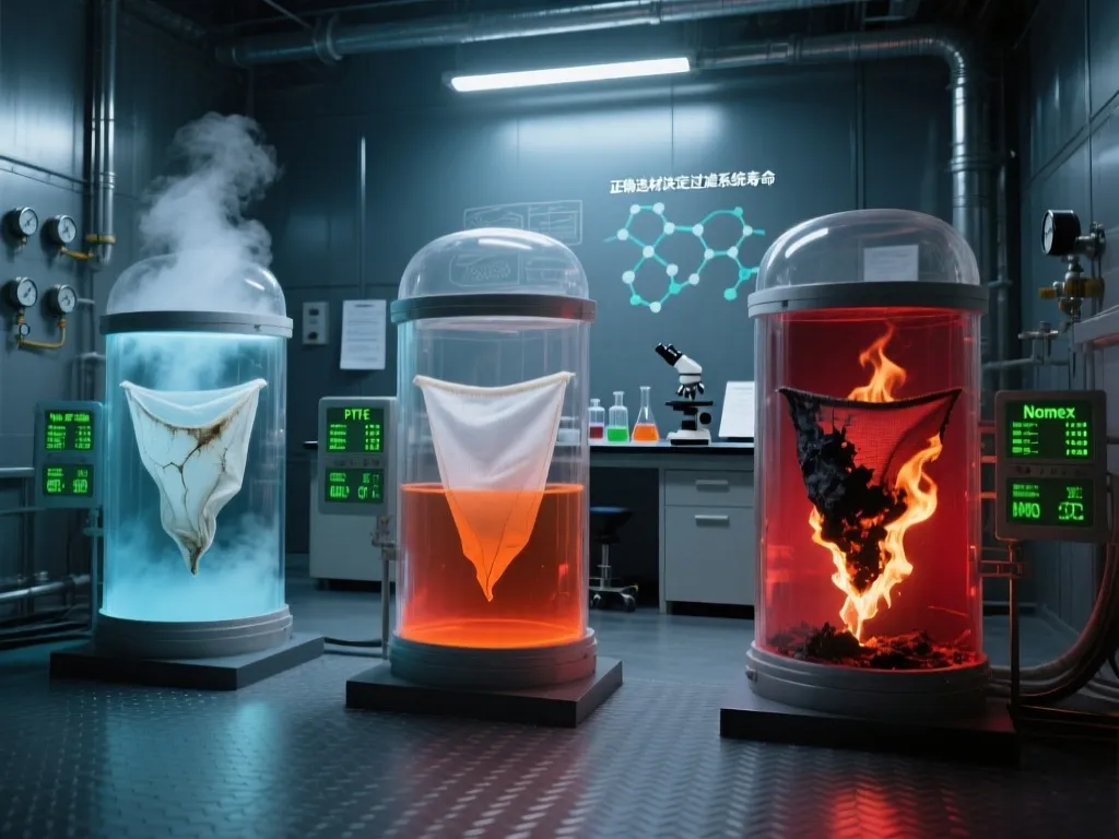 Filter bags undergoing extreme condition tests in specialized chambers.