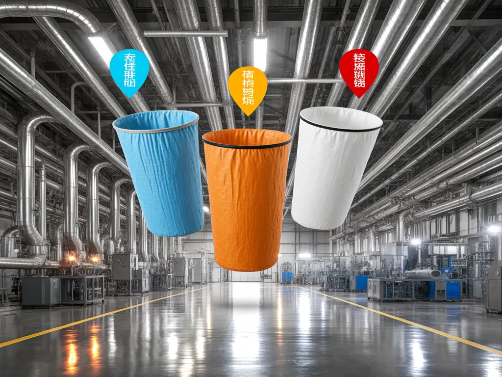 Various industrial filtration bags in a factory setting