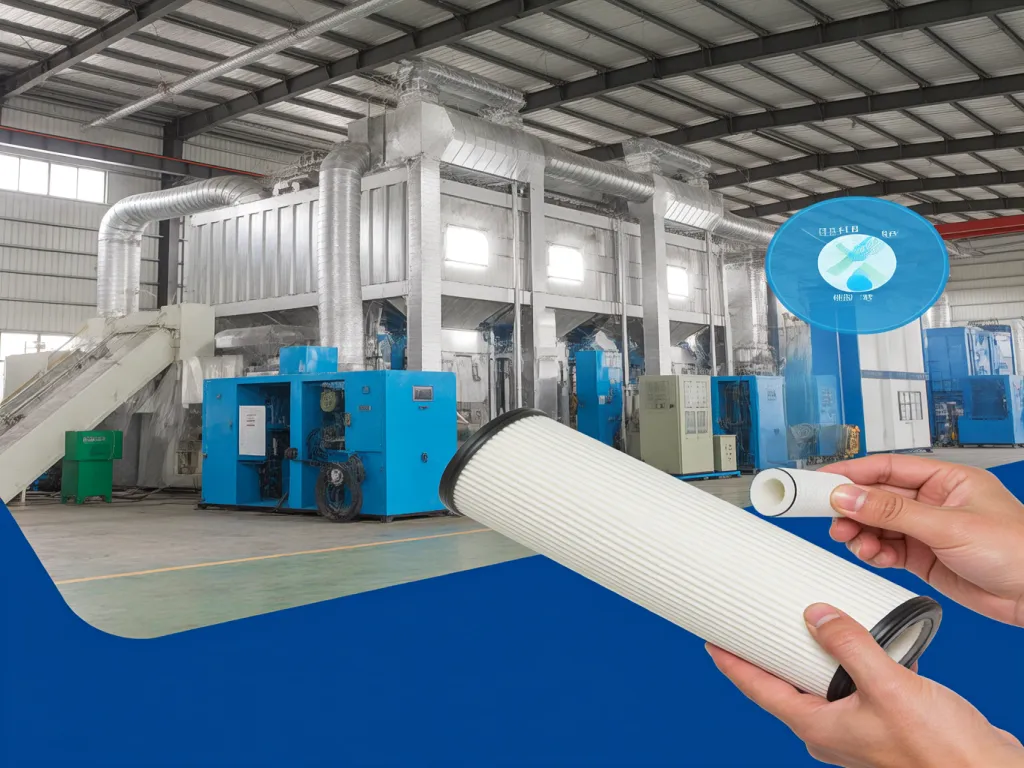 Hand holding a filter element in an industrial filter factory.