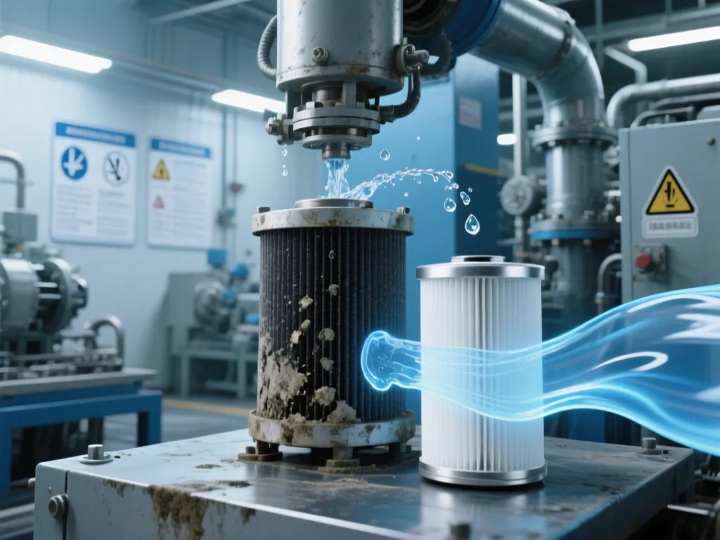A machine cleaning a new filter cartridge, contrasting with an obsolete one.