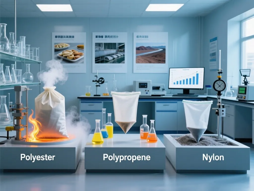 Materials like Polyester, Polypropylene, and Nylon tested for filter bags.