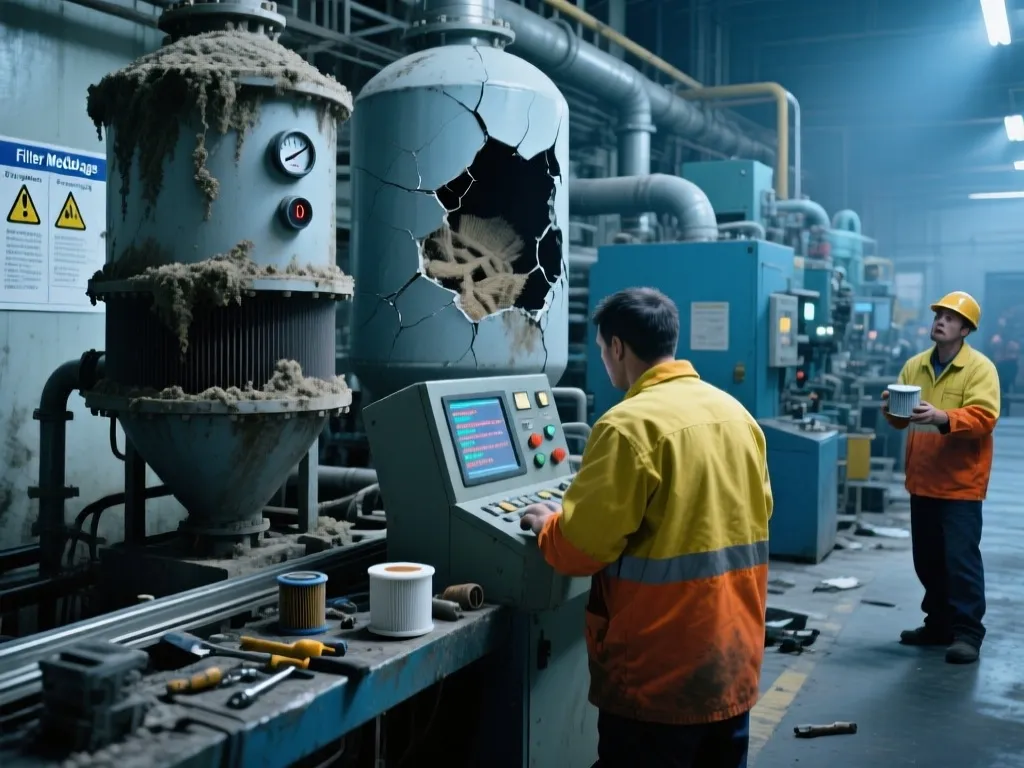 Clogged industrial filters causing a production shutdown in a factory.