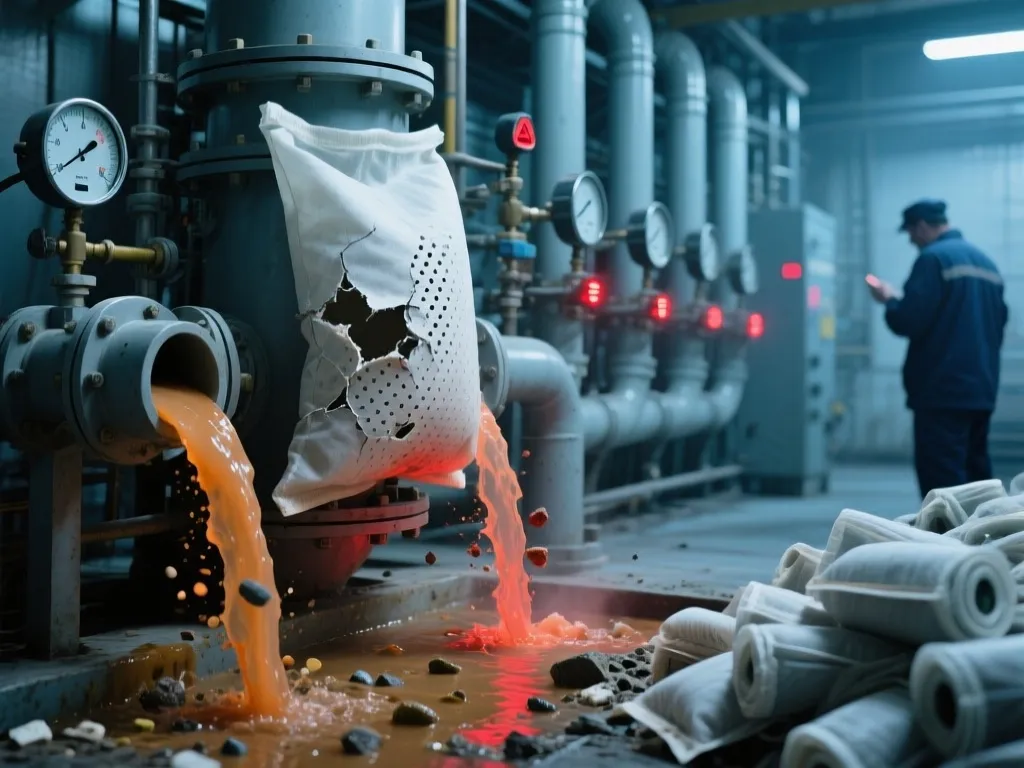 Filter bag failure leading to spillage in industrial process