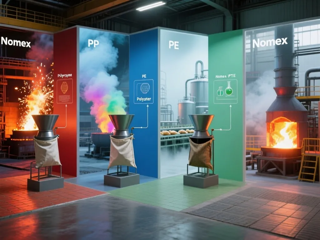 Display of dust collector bags with different materials at an industrial exhibition.
