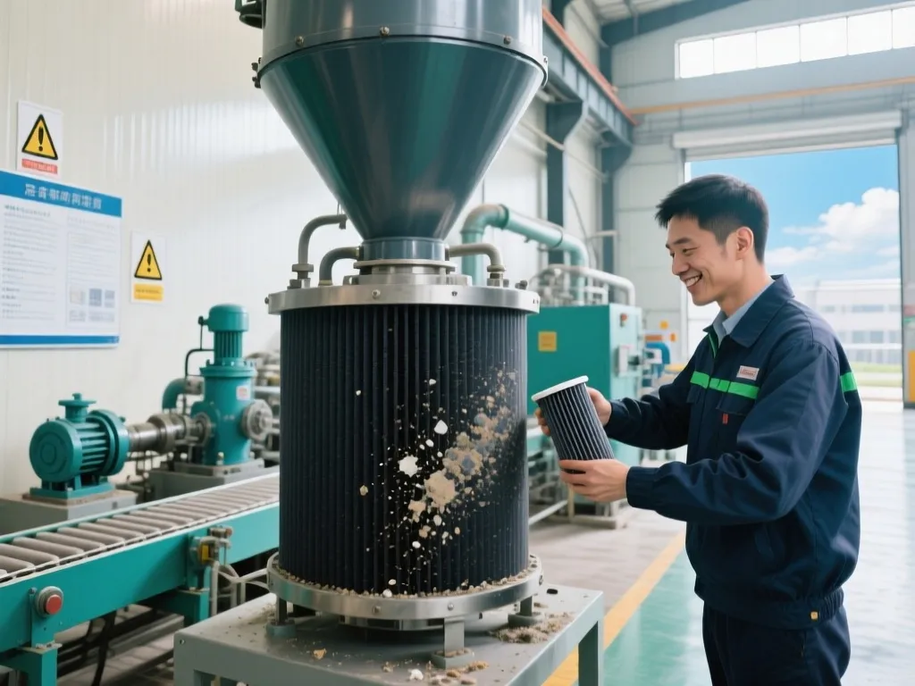 Workers inspecting a clogged cartridge filter in an industrial setting.