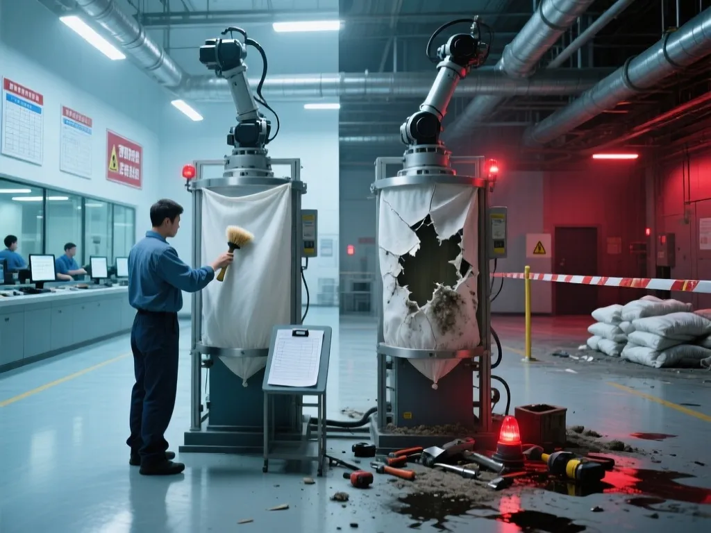 A worker inspecting a torn filter bag on equipment with a checklist.