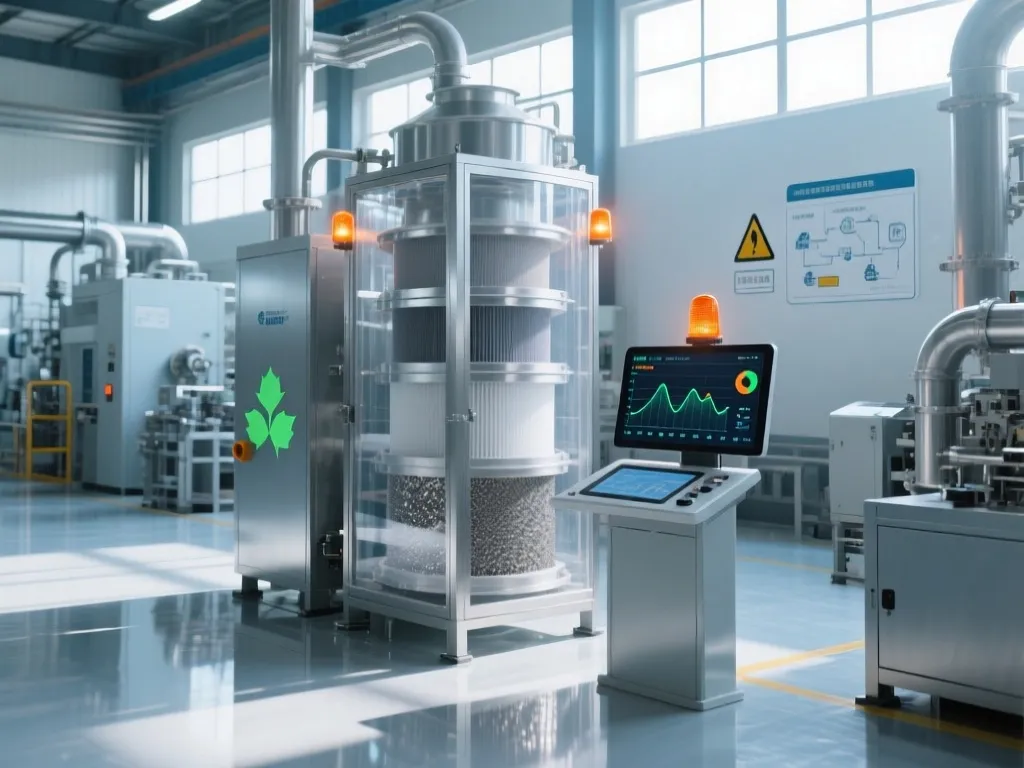 Advanced industrial dust filtration machine with multiple filters and a control panel displaying real-time data.