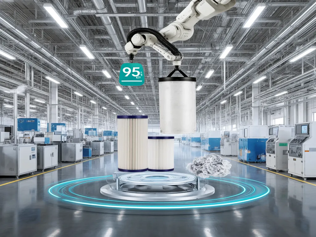 Robotic arm handling industrial filtration bags in an automated production facility.