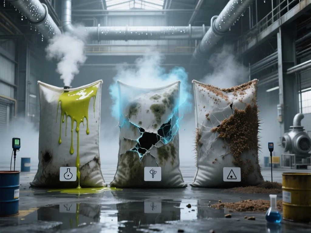 Filter bags exposed to various contaminants leading to rapid failure.