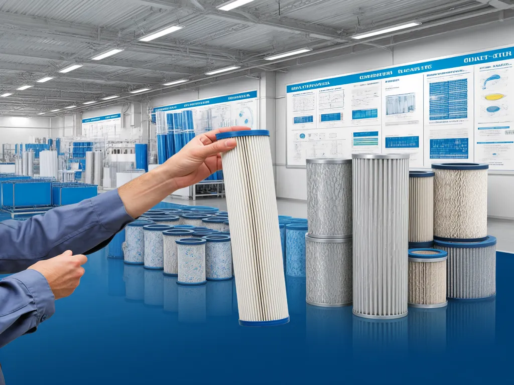 A hand holding an industrial filtration bag in a factory setting with various filter products displayed.
