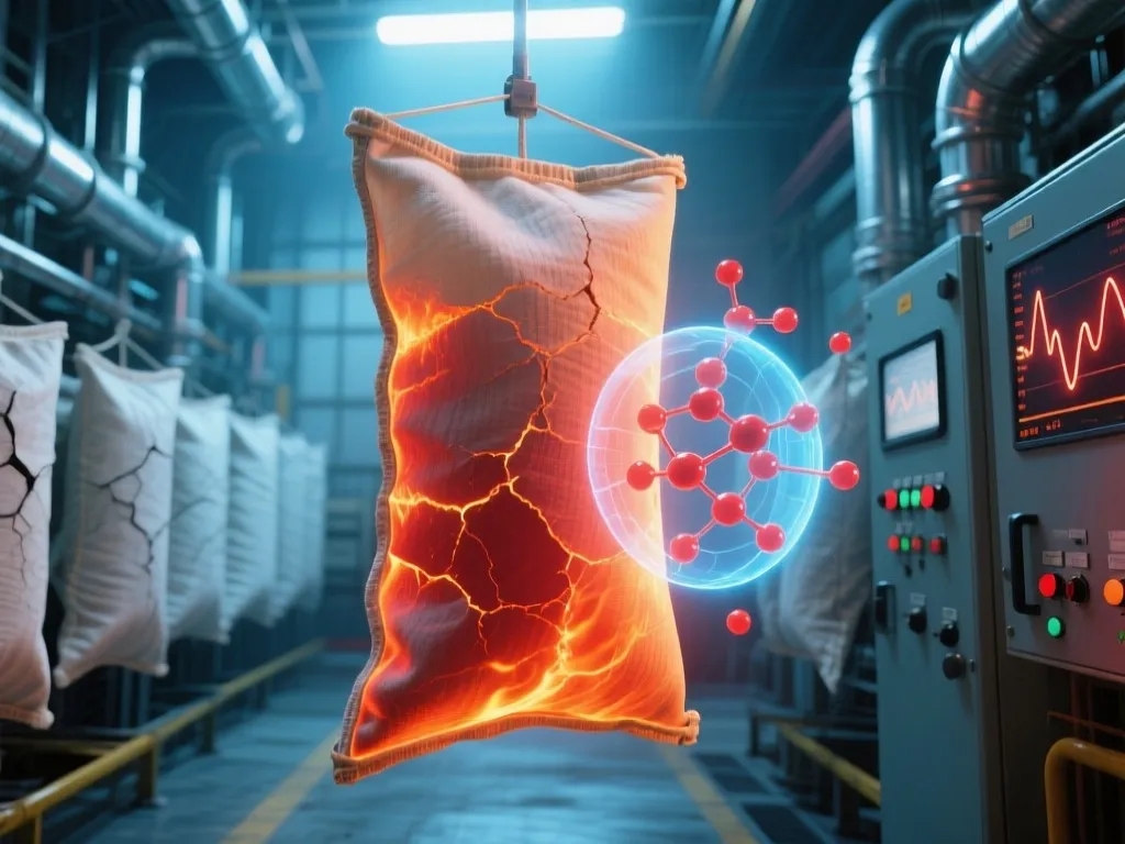 Close-up of a filter bag showing heat damage with a molecular structure overlay indicating material breakdown.
