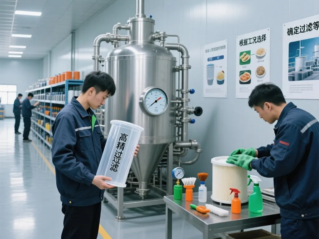 Workers performing maintenance on cartridge filters to prevent clogging.