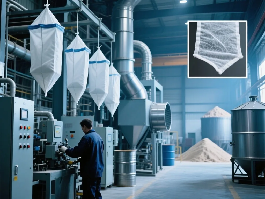 Close-up view of an anti static filter bag in industrial use