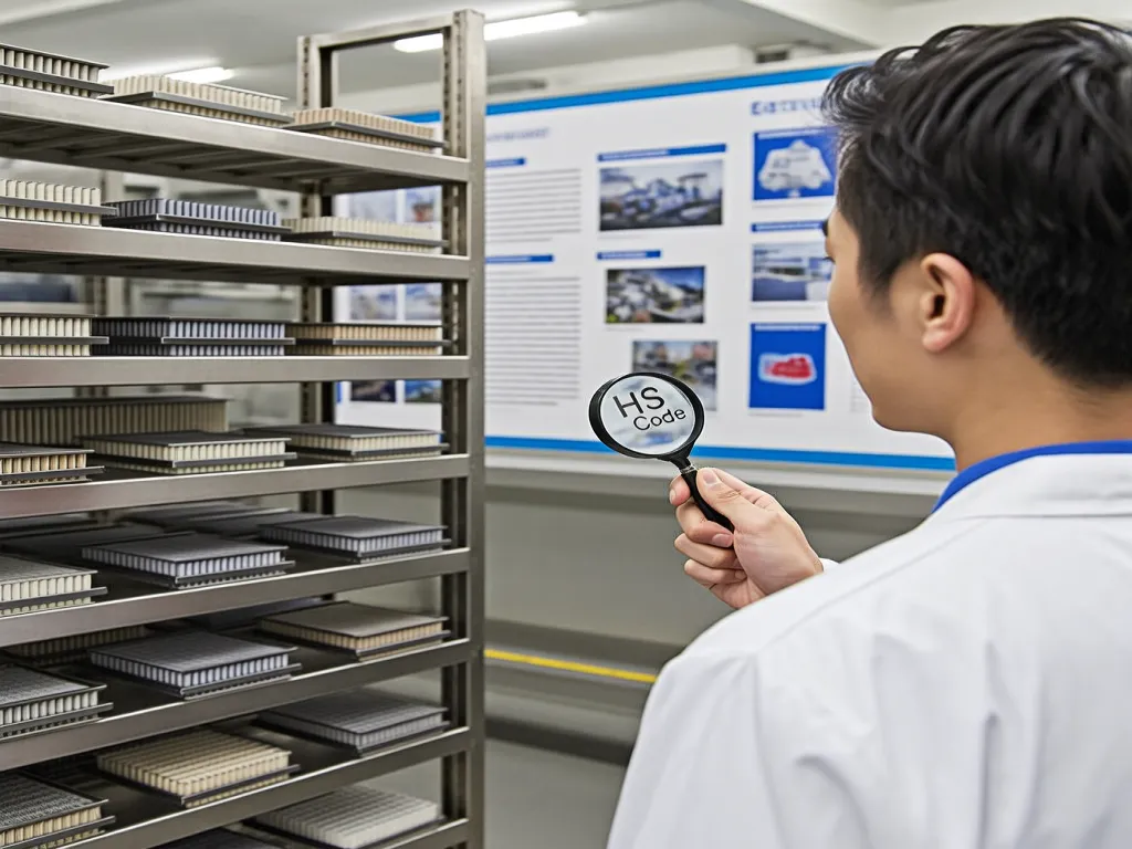 Person inspecting HS codes for industrial filter bags in factory