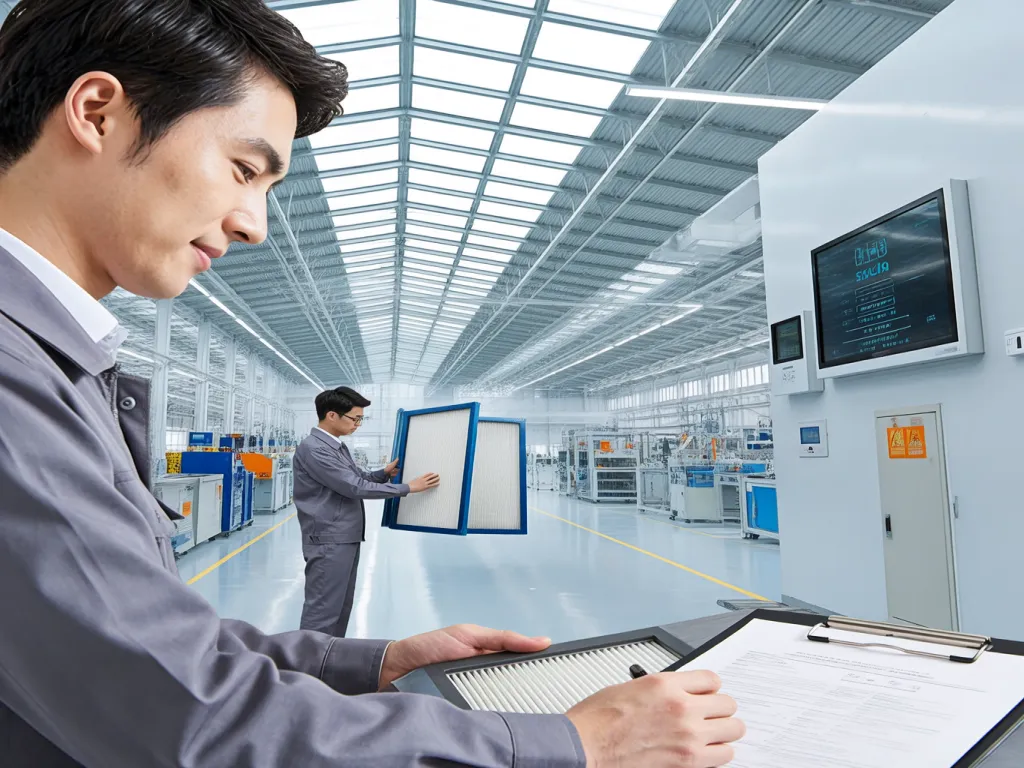Technician inspecting air filters in industrial facility with clipboard