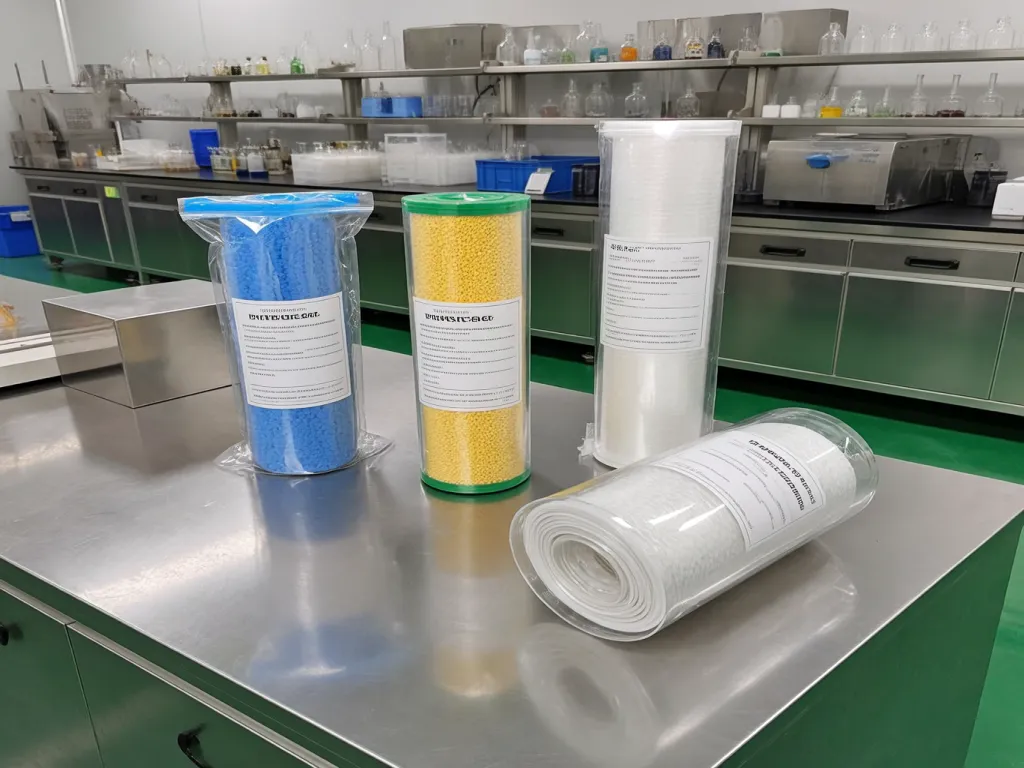 Rolled vacuum filter bags on a stainless steel table