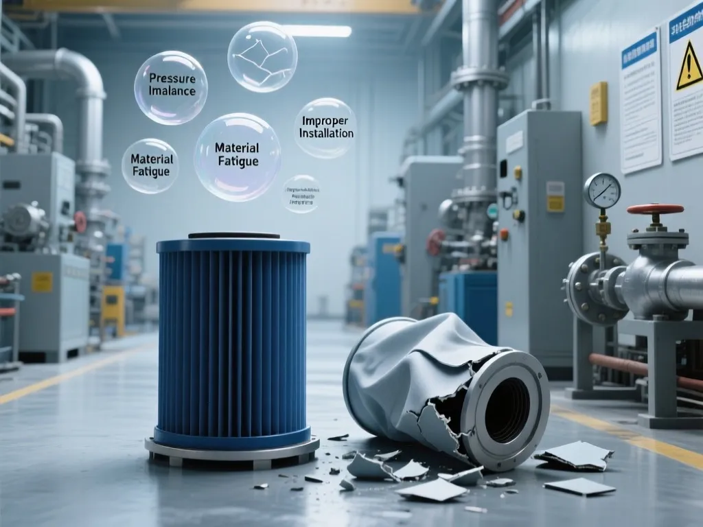 A collapsed filter cartridge and a new one in an industrial setting, showing reasons for collapse.