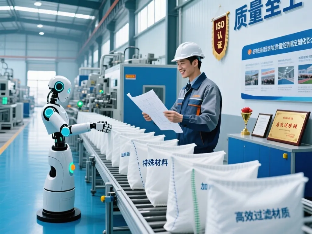 Robot assisting in quality inspection of custom filter bags on production line.