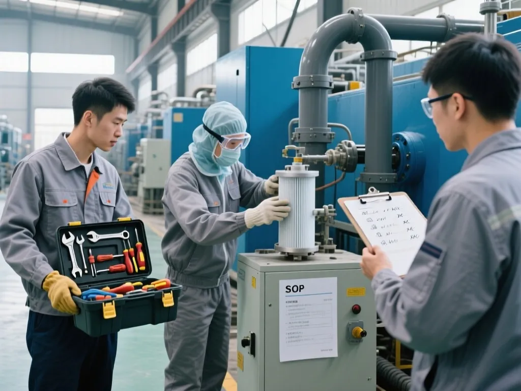Team inspecting the industrial filter replacement process for efficiency.