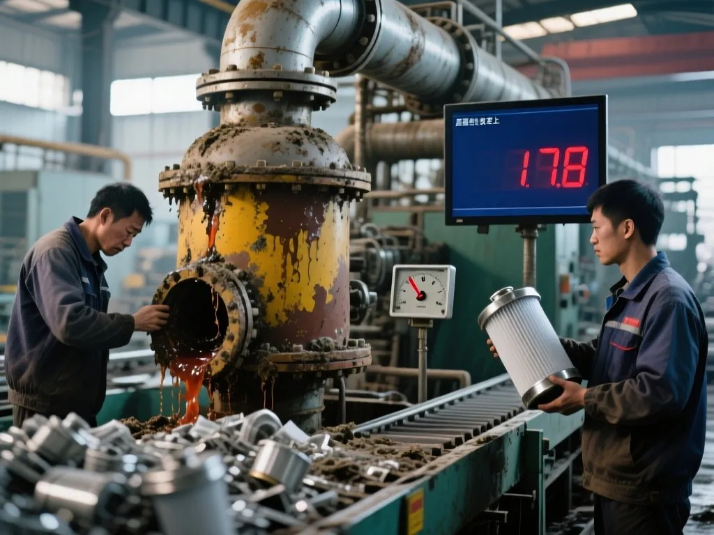 Workers replacing a dirty industrial filter to prevent risks.