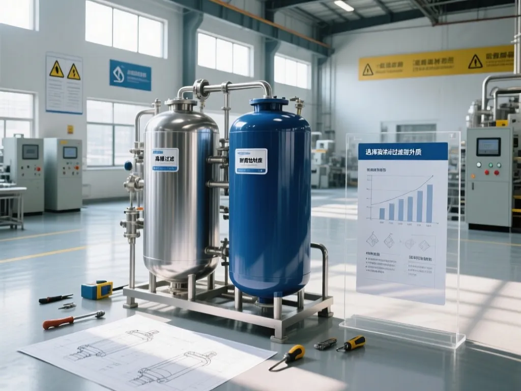 Two industrial liquid filter housings in a factory setting with schematics and tools.
