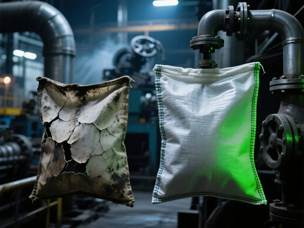 Multiple Acrylic filter bags installed in a filtration system.