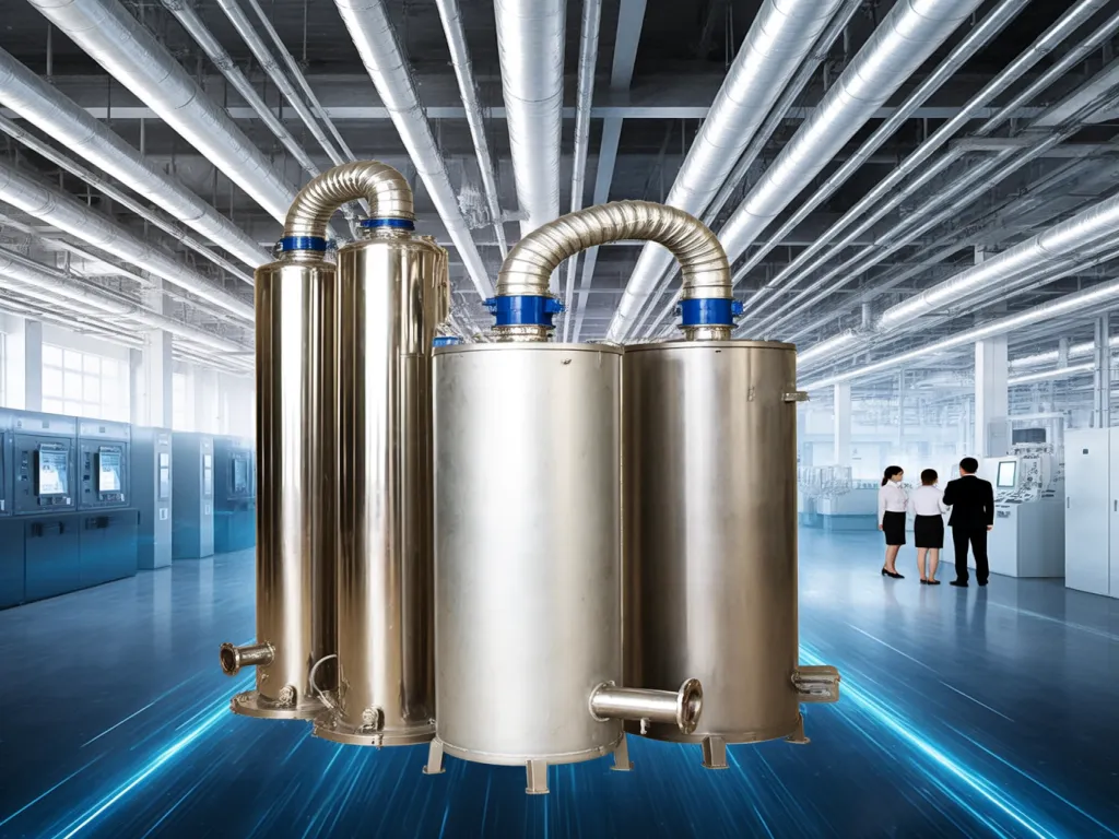 Emission control equipment in an industrial factory reducing particulate emissions.